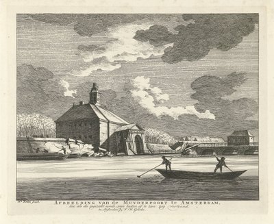 Sagging Muiderpoort, sett från Singelgracht, 1769 Bild av Muyderpoort i Amsterdam, Zoo som den kollapsade synden, kan ses från utsidan, sicksack (titel på objekt) av Hendrik Keun
