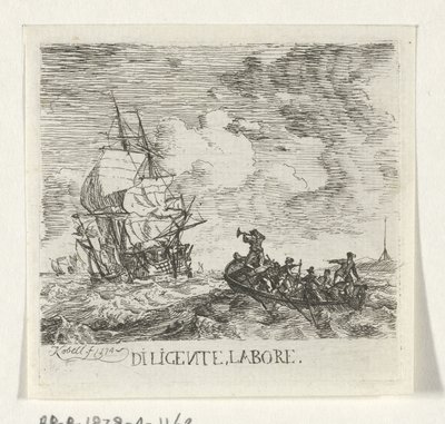 Vilda vatten med olika båtar Diligente, labore (titel på objekt) av Hendrik Kobell