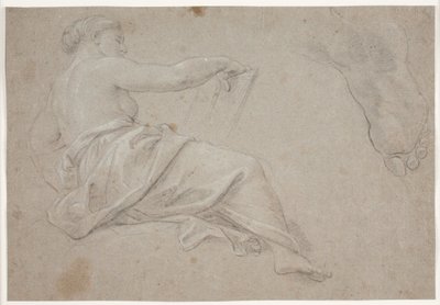 Halvt liggande, draperad kvinnofigur med bok. Studie av en fot av Hendrik Krock