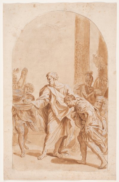 S. Petrus döper Centurion Cornelius. (Apostlagärningarna 10, 47-48). av Hendrik Krock