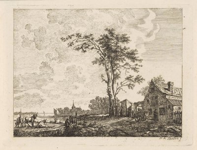 Landskap med ett hus vid en flod av Hendrik Marcus Schouten