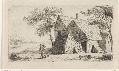 Man med hund på en gård på vattnet av Hendrik Marcus Schouten