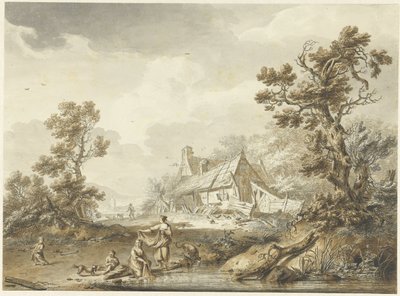 Gård med vaxande kvinnor i förgrunden av Hendrik Meijer