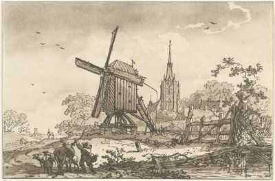 Landskap med väderkvarn och kyrka Tolv mönster beräknade för användning av dem som lär sig att rita landskap (serietitel) av Hendrik Meijer