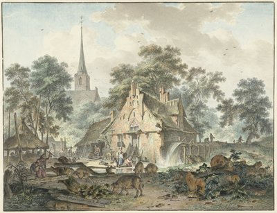 Vattenkvarn och bykyrka av Hendrik Meijer