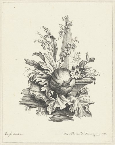 Prydnad med granatäpple med blad och obelisk av Hendrik Nieuwenhuysen