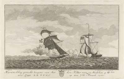 Kamp mot en stark skärare, 1782 Envis kamp mot en stark kotter av 18 stycken (...) av kapten: Le Turc den 7 mars 1782 (titel på objekt) av Hendrik Roosing