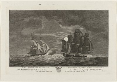 Sextroh jagar på Marianne, 1782 Jakten på den engelska östersjöfararen där till genom Marianne Capt. Philskerk av Zierikzeesche Kaper Capt. J:W:Sextroh På kvällen den 20 november Anno 1782 (titel på objekt) av Hendrik Roosing