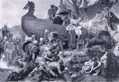 Kremering av en hövding i östra Ryssland från 900-talet, illustration från Landmarks in European History publicerad av Gresham Publishing Co, ca 1920 (litho) av Henryk Siemiradzki
