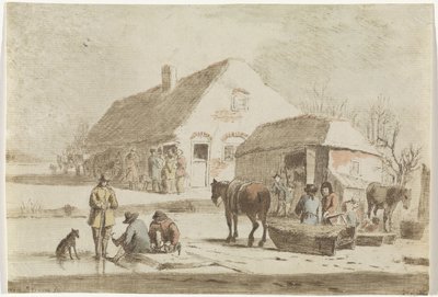 Skridskoåkare och en släde på en gård av Hendrik Spilman