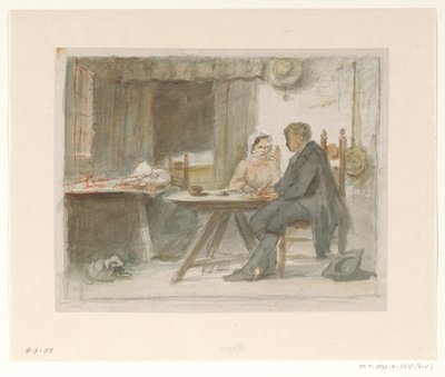 Skrivande man och kvinna vid ett bord av Hendrik Valkenburg