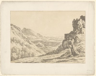 Ruin med utsikt Tentamina Lithographica (serietitel) Italienska landskap (serietitel) av Hendrik Voogd
