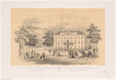 Utsikt från Tournooiveld av Herenlogement van Dordrecht i Haag omkring 1850 Utsikt över huset till den mycket välfödde herr jhr. mr. H. I. Caan, som kan ses från Tournooiveld (titel på objektet) av Hendrik Wilhelmus Last (attributed to)