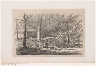Träd som blåste ner på klubben, efter stormen den 28 maj 1860 Socialt tält (titel på objekt) Album med tio litograferade skisser, föreställande Tooneelen of the Destruction, upprörd av stormen den 28 maj 1860 i 