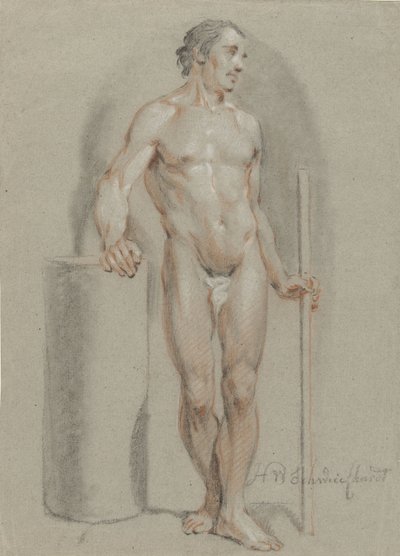 Stående manlig naken, med en pinne i handen, lutad mot en studiocylinder av Hendrik Willem Schweickhardt