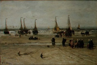 Kustlandskap med fiskefartyg och fiskare av Hendrik William Mesdag