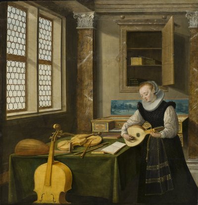 Dame jouant du luth - Lady Playing the Lute, av Steenwyck, Hendrick van, the Younger (1580-1649). Olja på trä. Mått: 65x64 cm. Nationalmuseum Stockholm av Hendrik van (c.1580-1649) Steenwyk