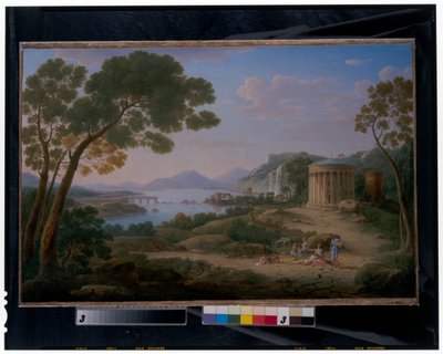 Ett omfattande klassiskt landskap med figurer som sitter framför en Tempietto av Hendrik van Lint