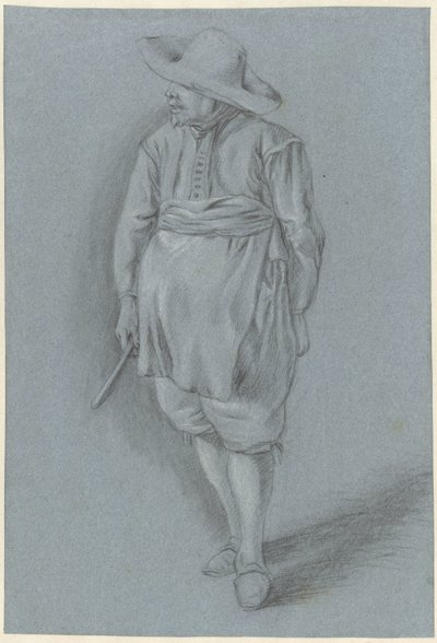 Man i 1600-talsklänning med hatt, förkläde och kniv av Hendrik van Velthoven (attributed to)