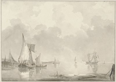 Utsikt över kusten med fartyg i stilla vatten av Hendrik van den Helm