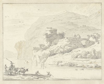 Italienskt bergslandskap med herdar och boskap och två figurer i en båt som korsar floden av Hendrik van der Straaten (attributed to)