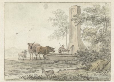 Italienskt landskap med herder och hans boskap och får vid en fontän av Hendrik van der Straaten