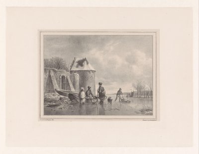 Frusen pöl med figurer vid roddbåt och skridskoåkare av Hendrikus van de Sande Bakhuyzen
