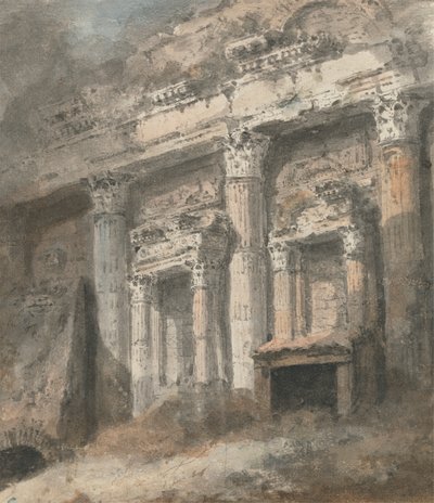Fasad av förstörda (?) Romerska templet, med kolumner och dörröppning av Heneage Finch fourth Earl of Aylesford