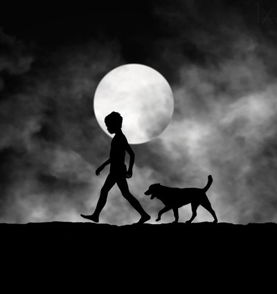 Barn och hund i månskenet av Hengki Lee