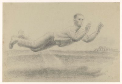 Självporträtt med upphöjda händer svävande i ett landskap av Henk Henriët (signed by artist)