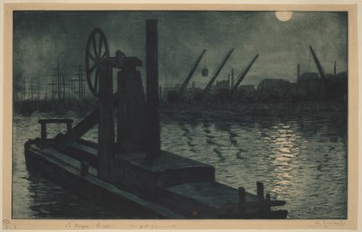 Muddringsverket i Dieppe, ett muddringsverk i Dieppes hamn i månsken av Henri-Charles Guérard