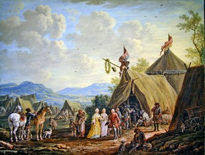 Besök på ett militärt läger (gouache på papper) av Henri Desire van Blarenberghe