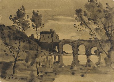 Flodlandskap med bro och hus av Henri-Joseph Harpignies