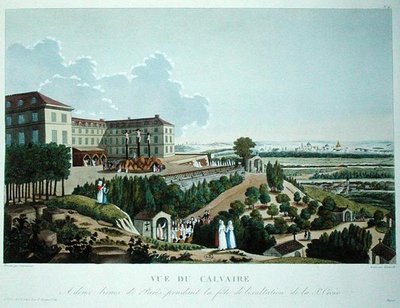 Procession inför en calvarie uppförd av beskickningarna vid Mont Valerien, nära Paris, graverad av Queverdo av Henri (after) Courvoisier Voisin