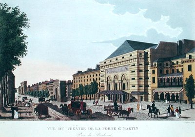 Theatre de la Porte Saint-Martin. c.1815-20 (färggravyr) av Henri (after) Courvoisier Voisin