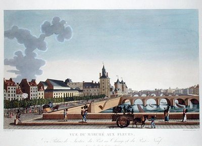 Vy över blomstermarknaden vid Palais de Justice, ca 1816-20 (kolorerat gravyr) av Henri (after) Courvoisier Voisin