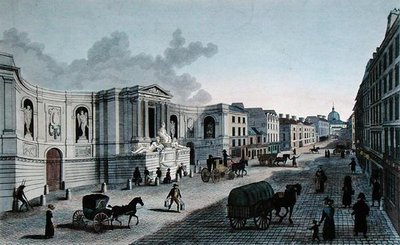 Vy över fontänen på Rue de Grenelle, Faubourg St. Germain, graverad av Grimbergen, ca 1815-20 (färgad gravyr) av Henri (after) Courvoisier Voisin