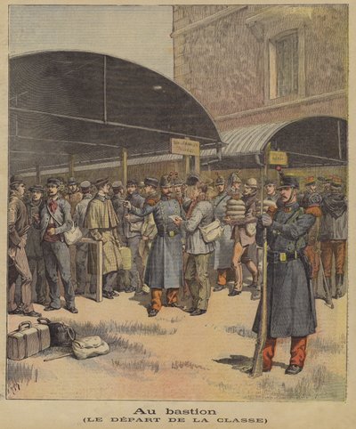 Soldater på väg till sitt regemente efter utbildning (färglitografi) av Henri (after) Meyer