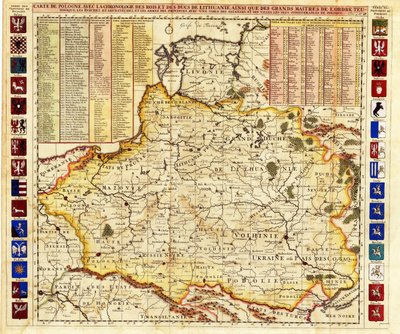 Kartan över Polen inkluderar delar av Livland och storhertigdömet Moskva par Chatelain, Henri Abraham (1684-1743). Etsning, akvarell av Henri Abraham Chatelain
