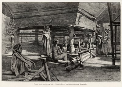 Batak kvinnor, norra Sumatra etnisk grupp, vävning. Gravyr av Laurent Desrousseaux för att illustrera berättelsen "" ett år i Malaysia", av Jules Claine (1856-1939), 1889-1890, i Le tour du Monde 1892, regisserad av Edouard Charton (1807-1891), Hachette, P av Henri Alphonse Louis Laurent Desrousseaux