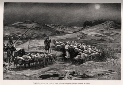 Trailern väl. Gravyr av Laurent Desrousseaux för att illustrera berättelsen "A travers la Perse meridionale", av C.Babin och F.Houssay, 1885, i Le tour du Monde 1892, regisserad av Edouard Charton (1807-1891), Hachette, Paris. av Henri Alphonse Louis Laurent Desrousseaux