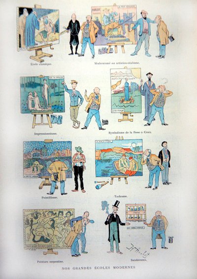Tecknad film som gör narr av de olika skolorna för modern konst och måleri i slutet av 1800-talet, från 