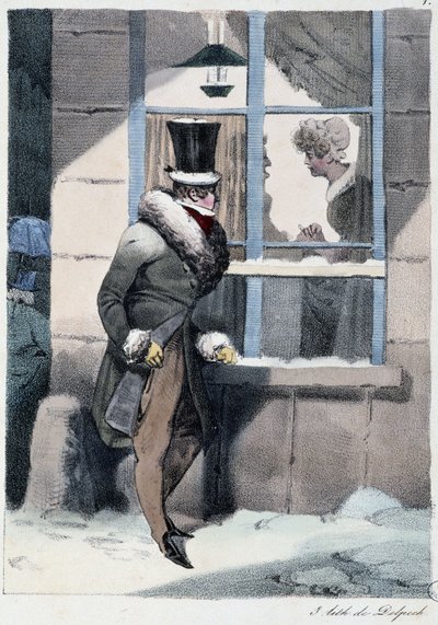 Nyfiken man som tittar ut genom fönstret inne i ett hus: "" Alla tar sitt nöje där han hittar honom"" - i "" Les pastemps"" av Henri Monnier, red. Delpech, Paris av Henri Bonaventure Monnier