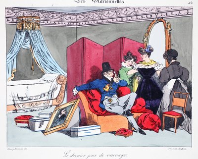 Le dernier jour de veuvage, illustration ur "Les Marionnettes" av Henri Monnier, litograferad av Delpech, pub. Paris, ca 1828 (handkolorerad litografi) av Henri Bonaventure Monnier