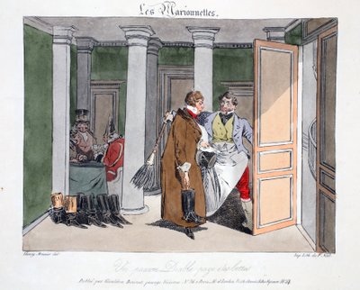 Un pauvre diable paye des bottes, illustration från "Les Marionnettes" av Henri Monnier, litograferad av Delpech, pub. Paris, ca 1828 (handkolorerad litografi) av Henri Bonaventure Monnier
