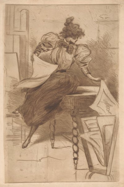 Kvinnan tittar på bilder i ett tryckställ av Henri Boutet (possibly)