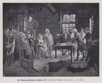 Gripande av kung Ludvig XVI av Frankrike och hans familj i Varennes medan de försökte fly efter den franska revolutionen av Henri Cain