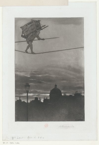 Spännbandsrullator med paket på ryggen över en stad Titelsida för: Henri Béraldi, Les Graveurs du XIXe siècle (...), 1888 av Henri Charles Guérard (signed by artist)