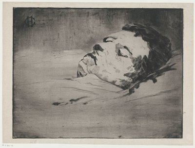 Porträtt av en okänd man på sin dödsbädd av Henri Charles Guérard (signed by artist)