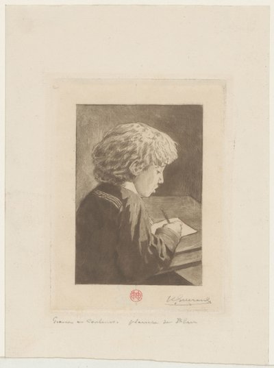 skrivande pojke av Henri Charles Guérard (signed by artist)